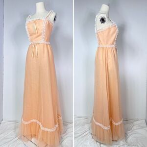 Vtg 70s Dance Allure Chiffon Lace Maxi Dress Size XS  Peach Prom Coquette Fairy.